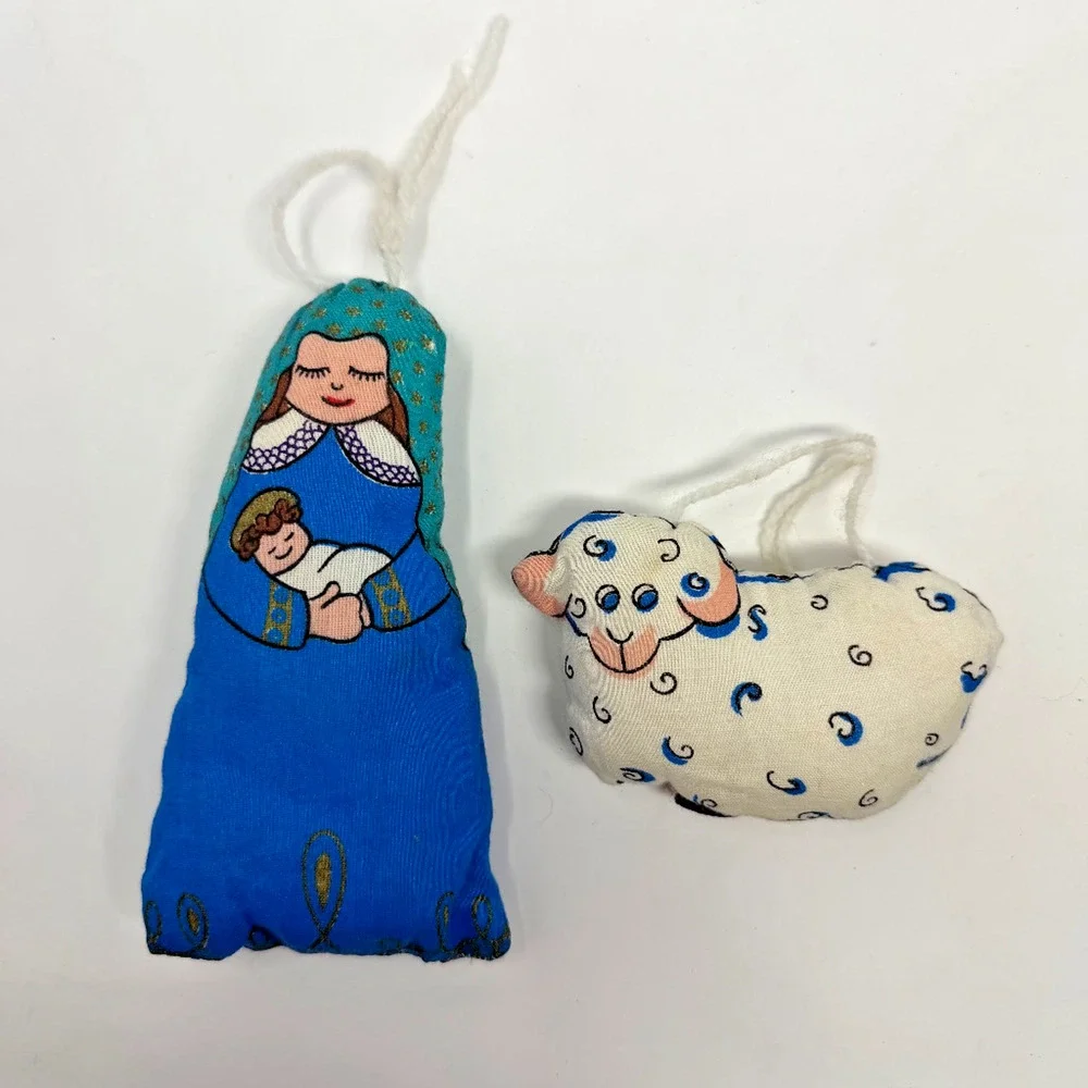 Handmade Fabric Nativity Ornaments Mary Baby Jesus Sheep Lot of 2